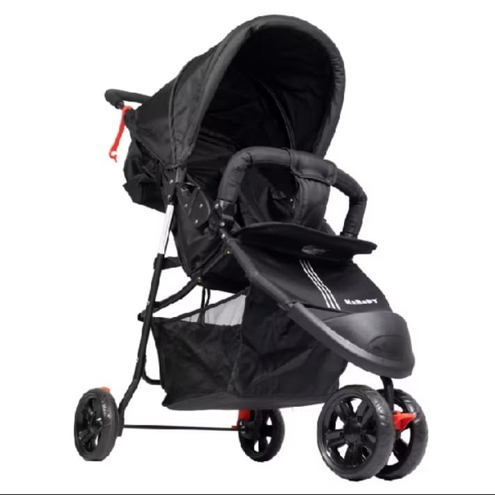 Carrinho de passeio de 3 rodas preto com capota grande e cesto