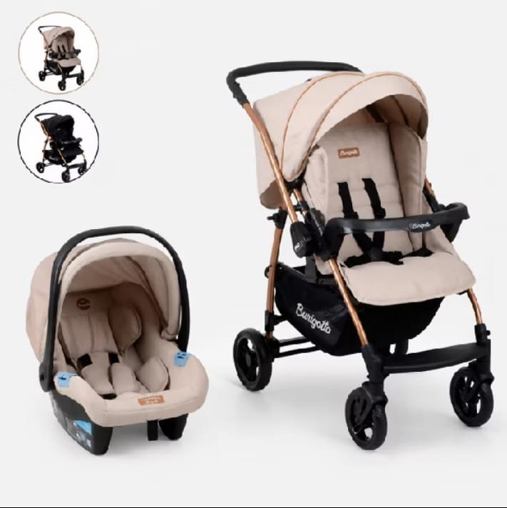 Travel system Burigotto bege com estrutura cobre, carrinho e bebê conforto