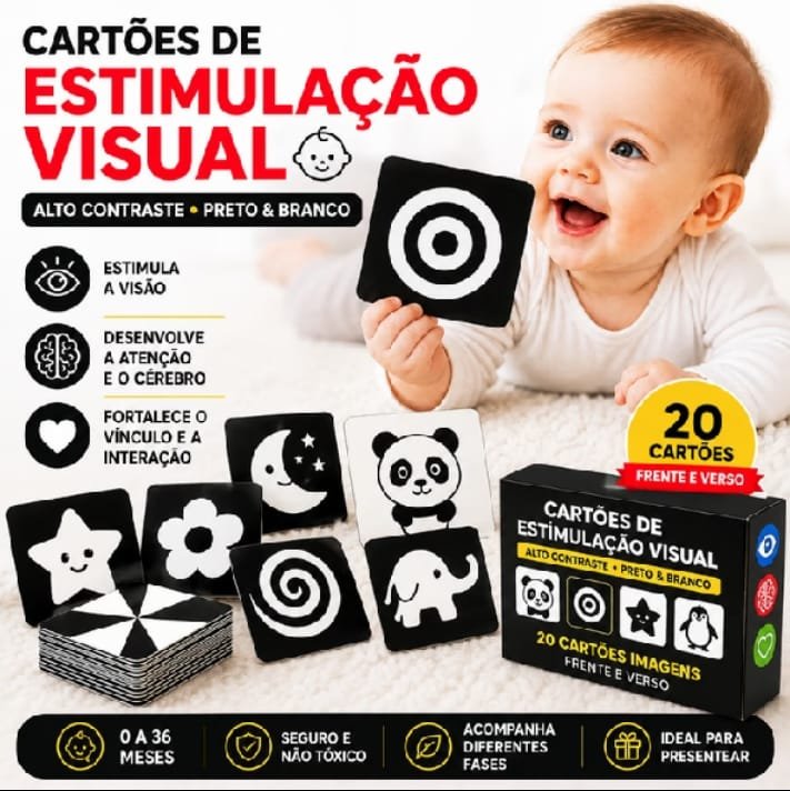Cartões de estimulação visual em preto e branco com desenhos de panda, elefante, lua e estrela
