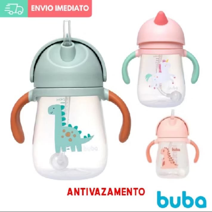 Copo de transição Buba com canudo e alças em três modelos: dinossauro verde, unicórnio rosa e dinossauro rosa