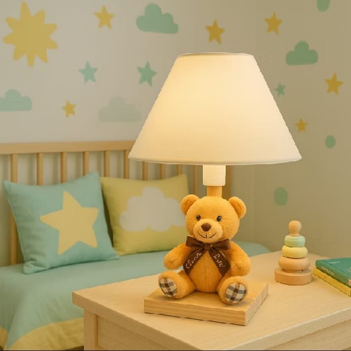 Abajur infantil com ursinho de pelúcia na base de madeira e cúpula clara, sobre uma mesa de cabeceira