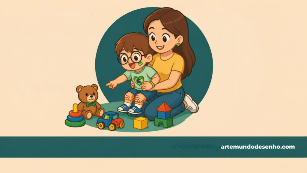 Ilustração de criança no colo da mãe olhando com curiosidade para brinquedos coloridos no chão