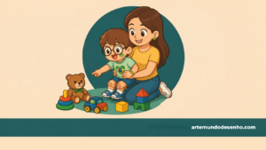 Ilustração de criança no colo da mãe olhando com curiosidade para brinquedos coloridos no chão