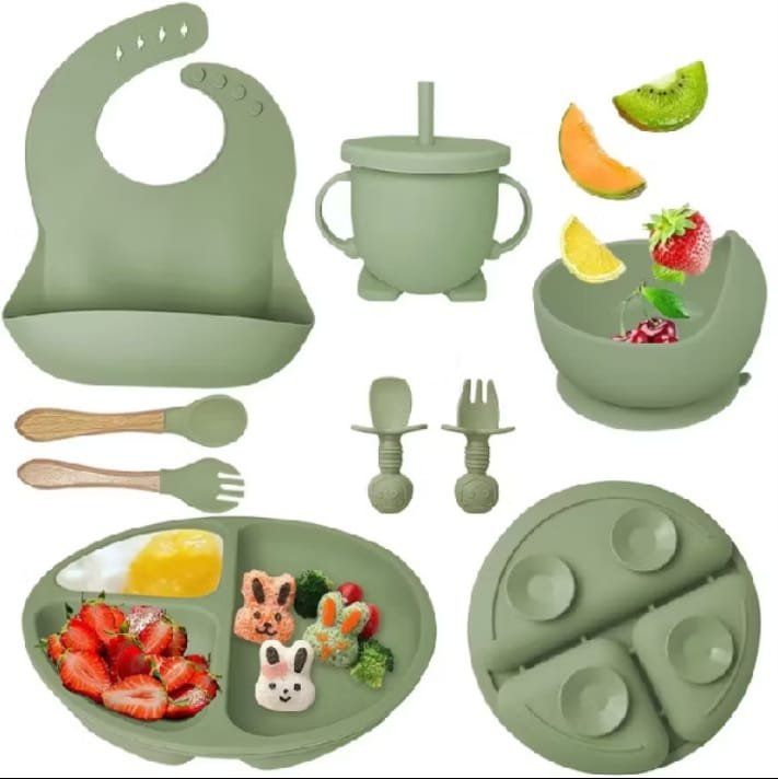 Kit de alimentação para bebê em silicone verde com babador, copo, tigela, prato e talheres