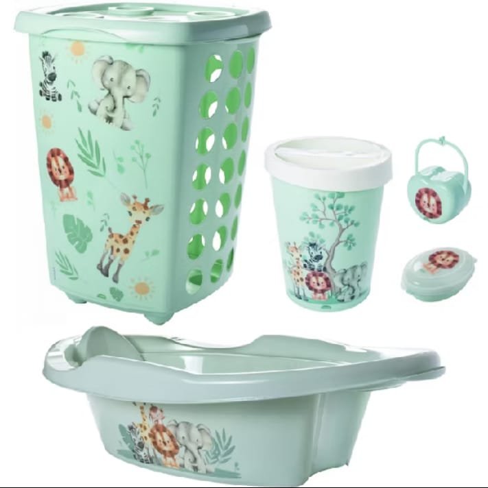 Kit banheira para bebê verde menta com tema safari, cesto de roupas, lixeira e porta-chupeta