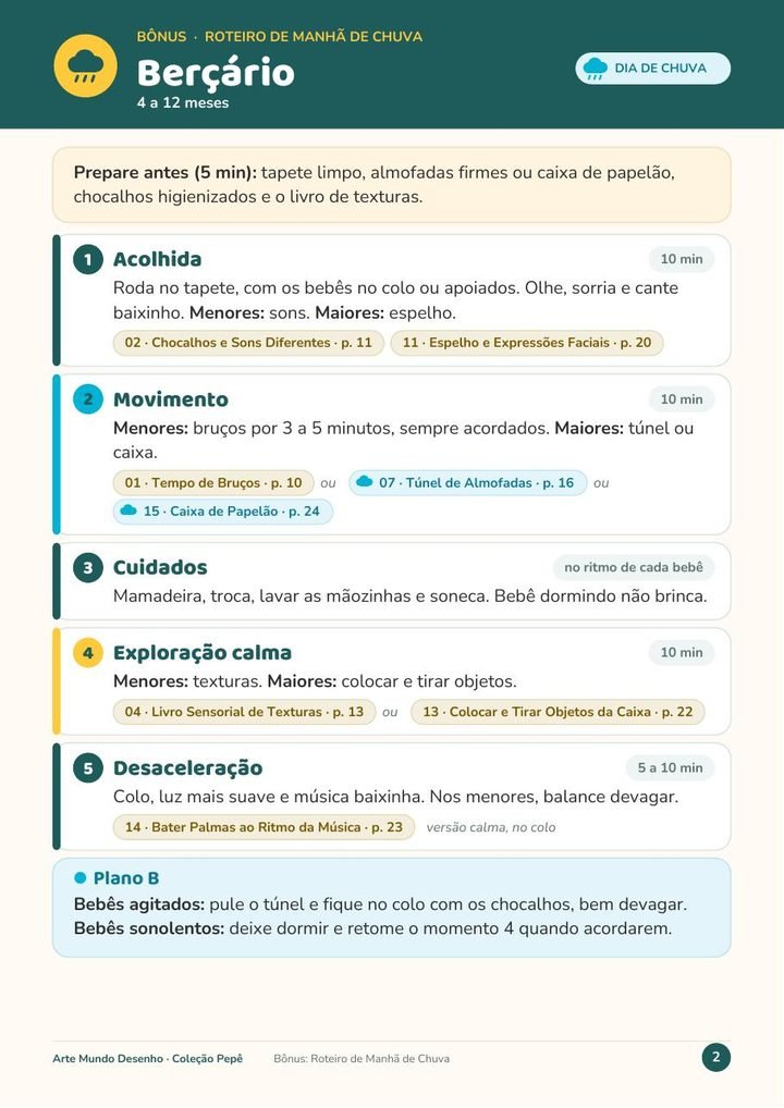 Página do bônus Roteiro de Manhã de Chuva, com a manhã do Berçário dividida em 5 momentos
