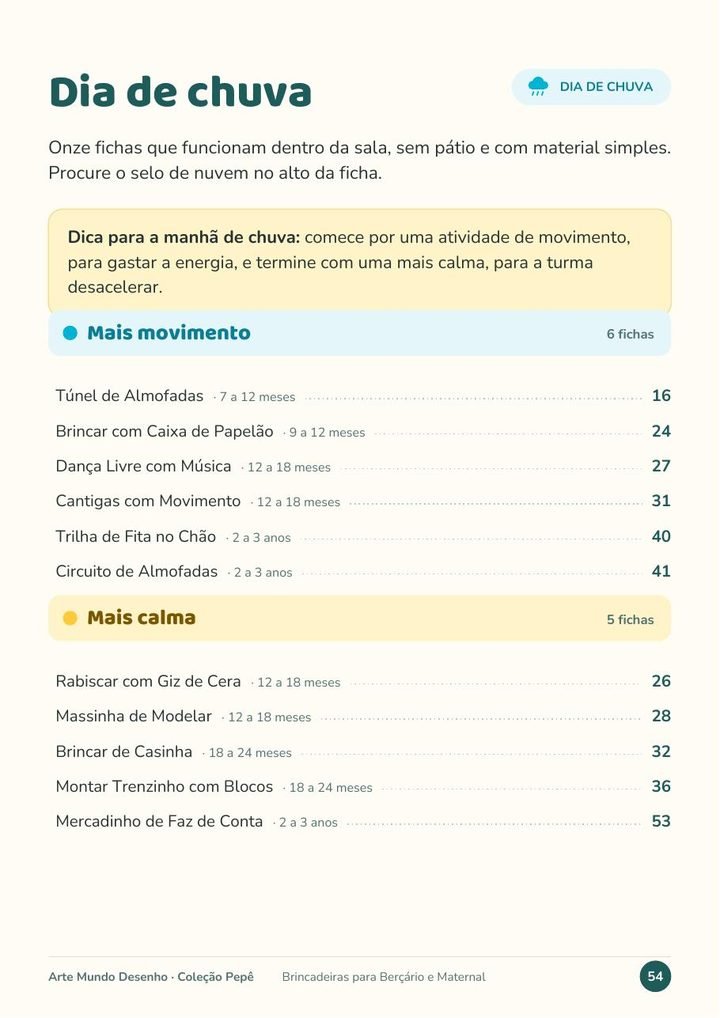 Índice de dia de chuva, com as 11 fichas separadas em mais movimento e mais calma