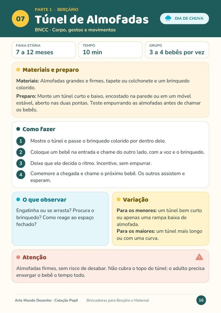 Ficha da brincadeira Túnel de Almofadas, com materiais, preparo, passo a passo, o que observar, variação e atenção