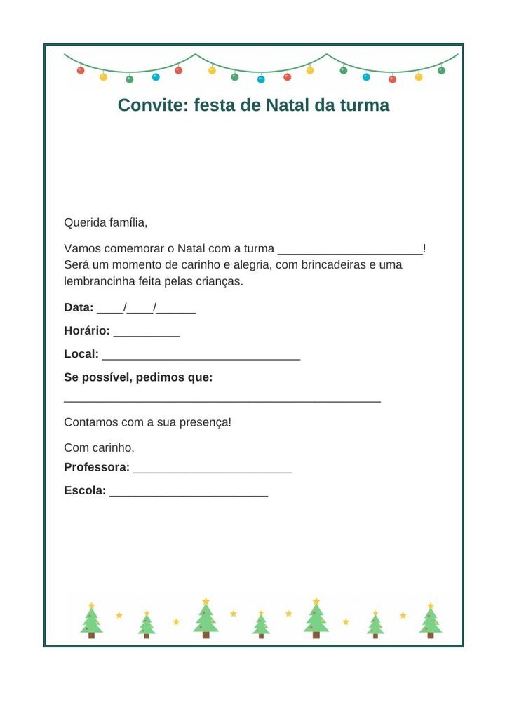 Bilhete de convite para a festa de Natal da turma, em Word, com campos para preencher