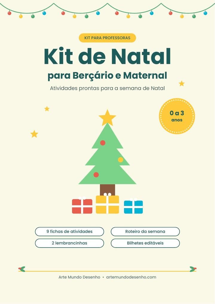 Capa do Kit de Natal para Berçário e Maternal, com árvore de Natal, presentes e o selo de 0 a 3 anos