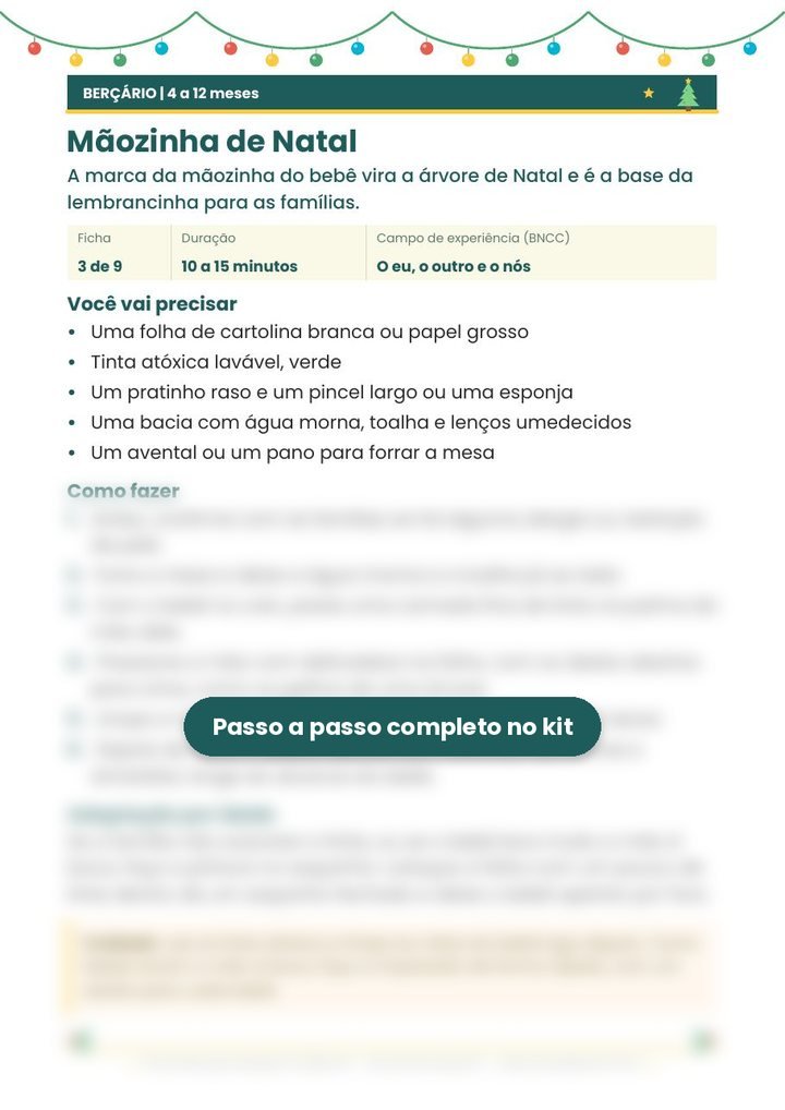 Ficha da atividade Mãozinha de Natal, com materiais, passo a passo, adaptação por idade e cuidado