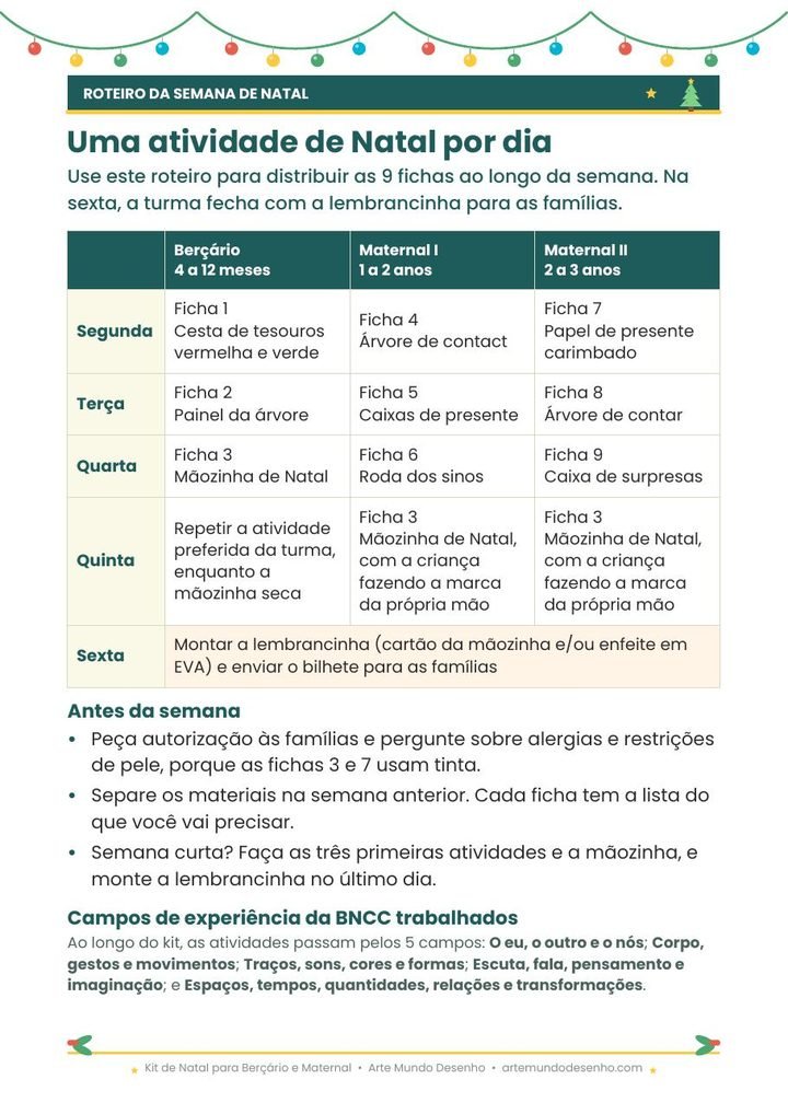 Roteiro da semana de Natal, com uma atividade por dia para o Berçário, o Maternal I e o Maternal II