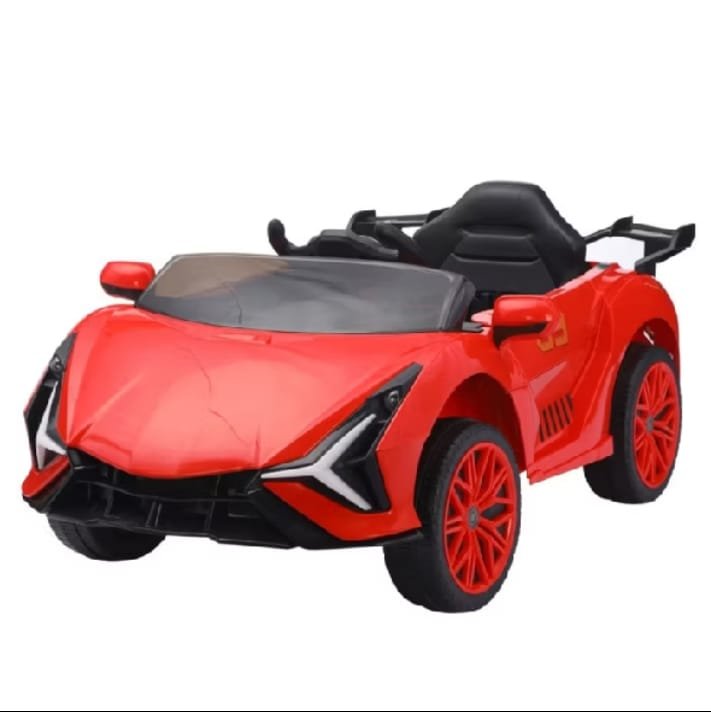 Mini carro elétrico infantil vermelho com aerofólio e assento preto