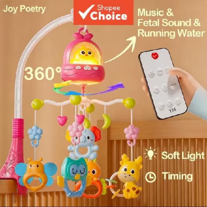 Móbile musical para berço com bichinhos pendurados, luz suave e controle remoto