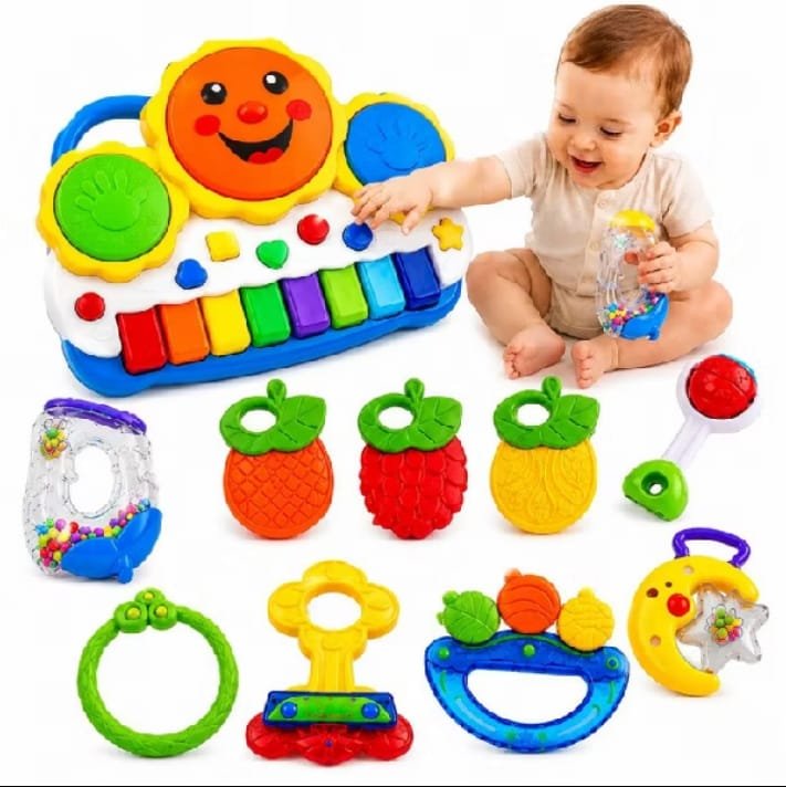 Kit piano musical com carinha de sol, tamborzinhos, chocalhos e mordedores de frutinhas