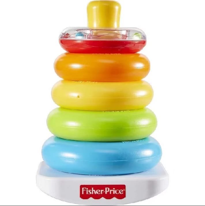 Pirâmide de argolas coloridas Fisher-Price com base branca e topo transparente