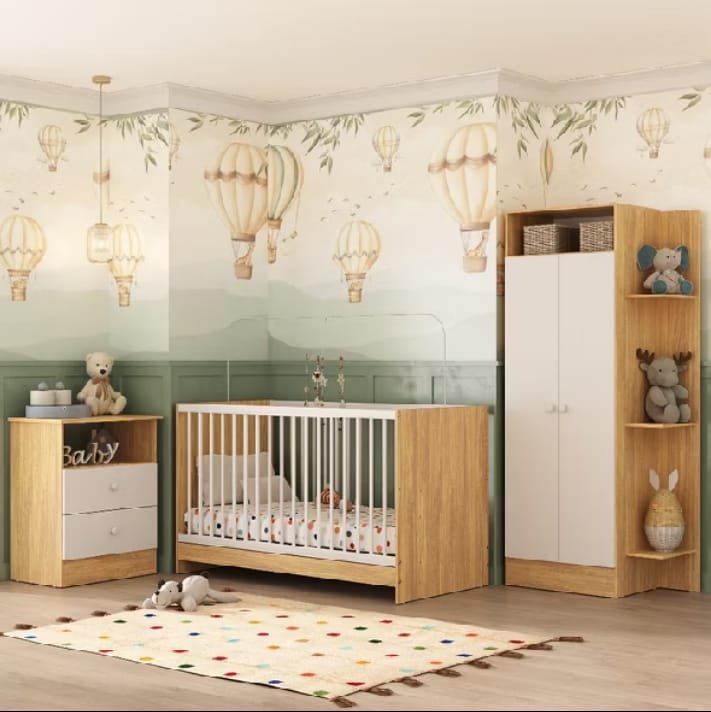 Jogo de quarto infantil Pom Pom com berço de grades brancas, cômoda pequena e guarda-roupa de duas portas