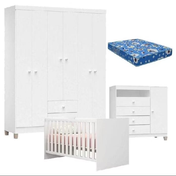 Quarto de bebê Ternura Baby todo branco, com guarda-roupa de seis portas, cômoda, berço e colchão azul