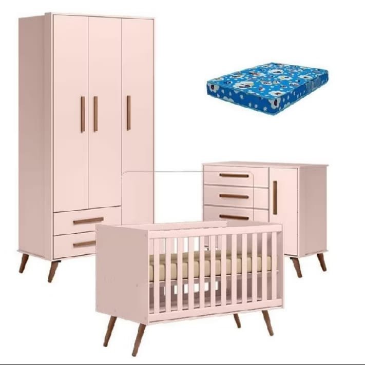 Quarto de bebê Q Encanto Retrô rosa com pés de madeira, guarda-roupa de três portas, cômoda, berço e colchão azul