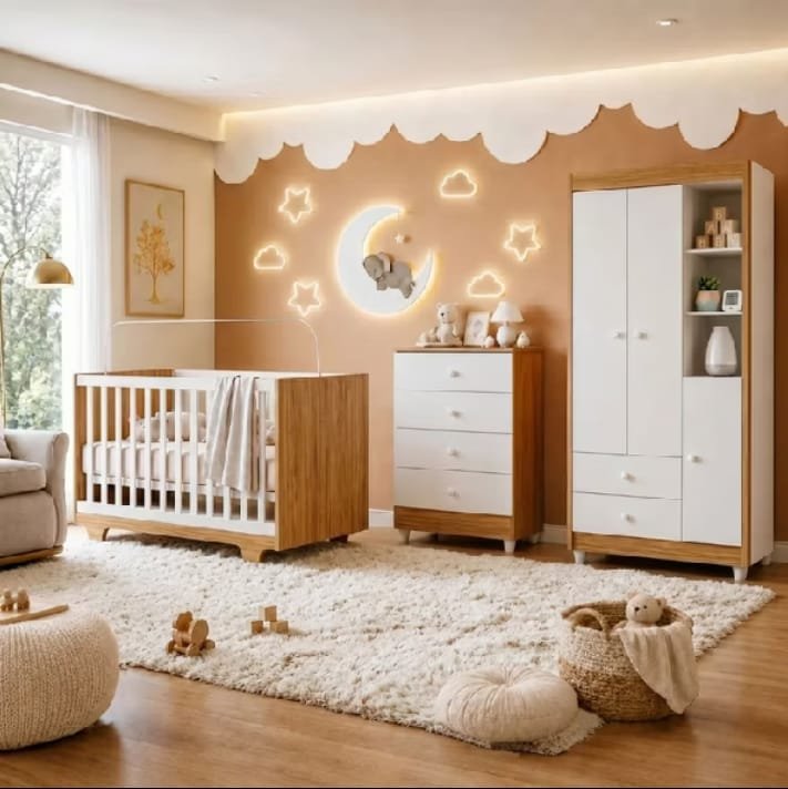 Quarto de bebê Nina em branco e amadeirado, com berço, cômoda de quatro gavetas e guarda-roupa com nicho