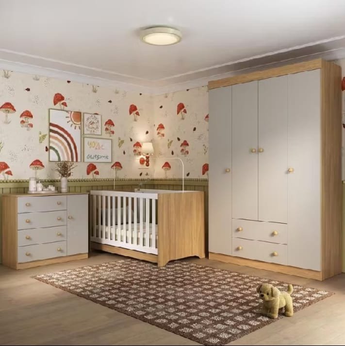 Conjunto de quarto com berço branco e madeira, cômoda e guarda-roupa de quatro portas