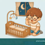 Ilustração de menino com sono olhando para berço vazio à noite, representando bebê que acorda de 1 em 1 hora