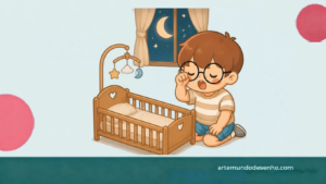 Ilustração de menino com sono olhando para berço vazio à noite, representando bebê que acorda de 1 em 1 hora
