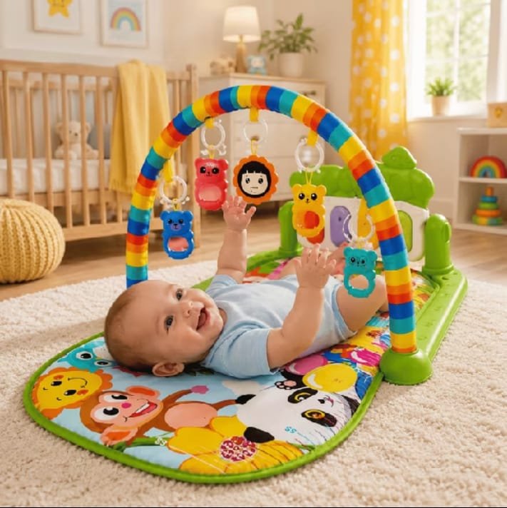 Tapete de atividades colorido com arco de brinquedos pendurados e painel com teclas