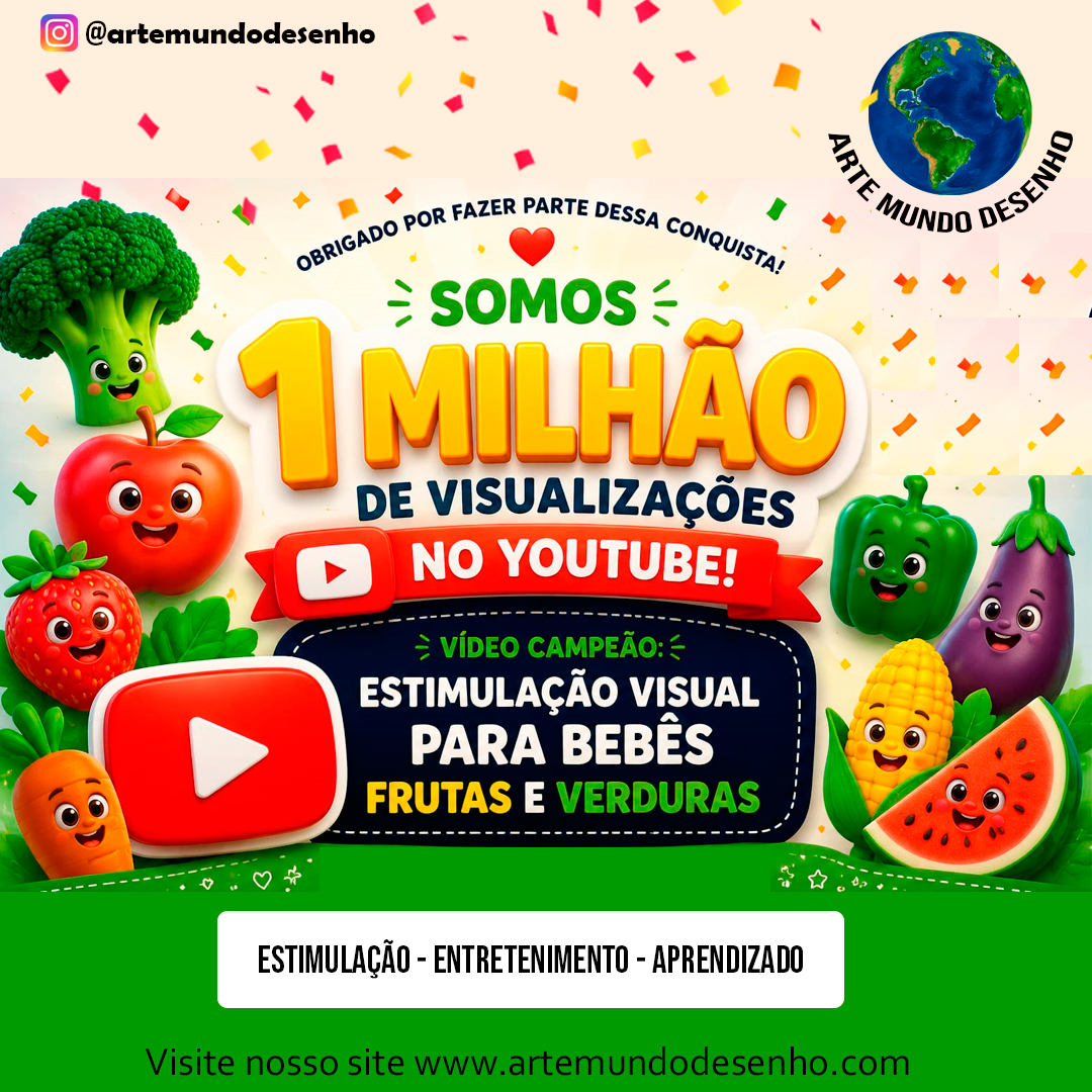 Banner comemorativo de 1 milhão de visualizações do vídeo Estimulação Visual para Bebês — Frutas e Verduras