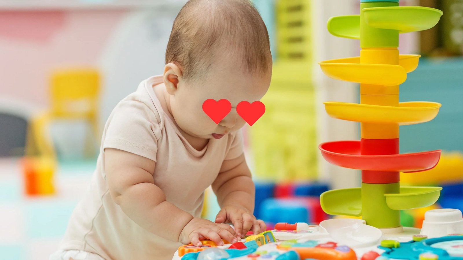 Bebê explorando um brinquedo colorido de atividades em um espaço de brincar
