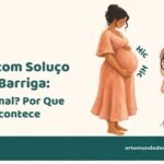 Pepê curioso ao lado de uma gestante com a mão na barriga e a palavra "Hic"