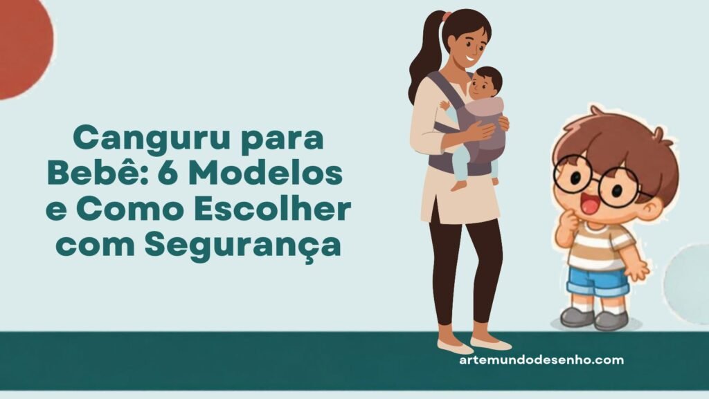 Mãe carregando bebê no canguru ao lado do Pepê, com o título Canguru para Bebê: 6 Modelos e Como Escolher com Segurança