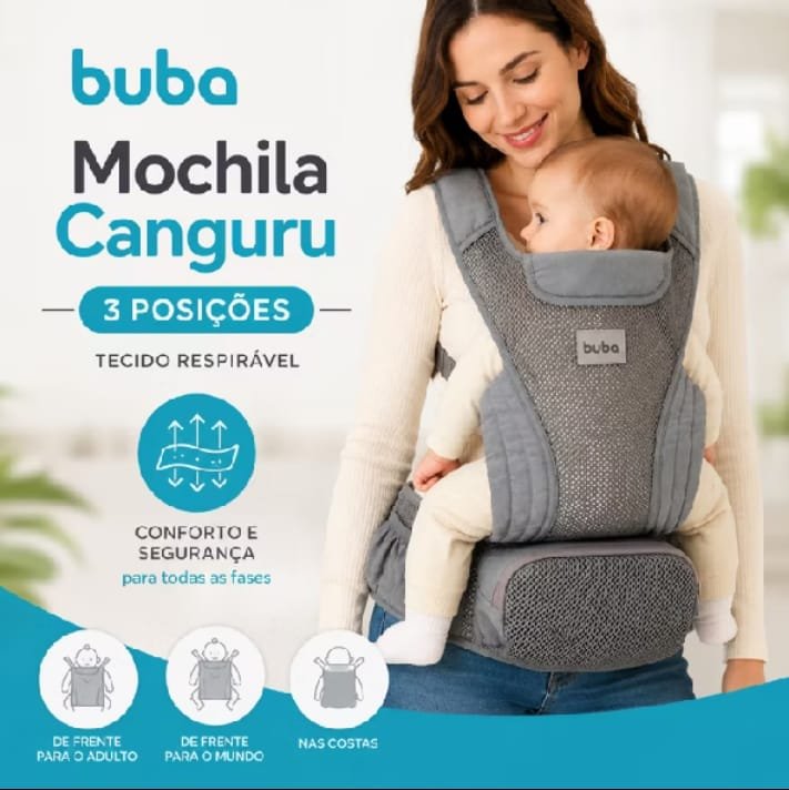 Mochila canguru Buba 3 posições com tecido respirável