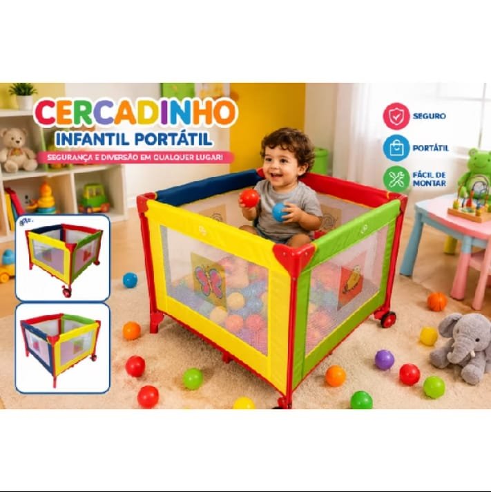 Imagem promocional de um cercadinho infantil portátil com laterais coloridas em vermelho, amarelo, verde e azul, com uma criança segurando bolinhas