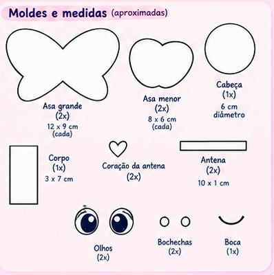 Moldes e medidas da borboleta de EVA com pirulito: asa grande 12 x 9 cm, asa menor 8 x 6 cm, cabeça 6 cm, corpo 3 x 7 cm, antenas 10 x 1 cm, coração, olhos, bochechas e boca