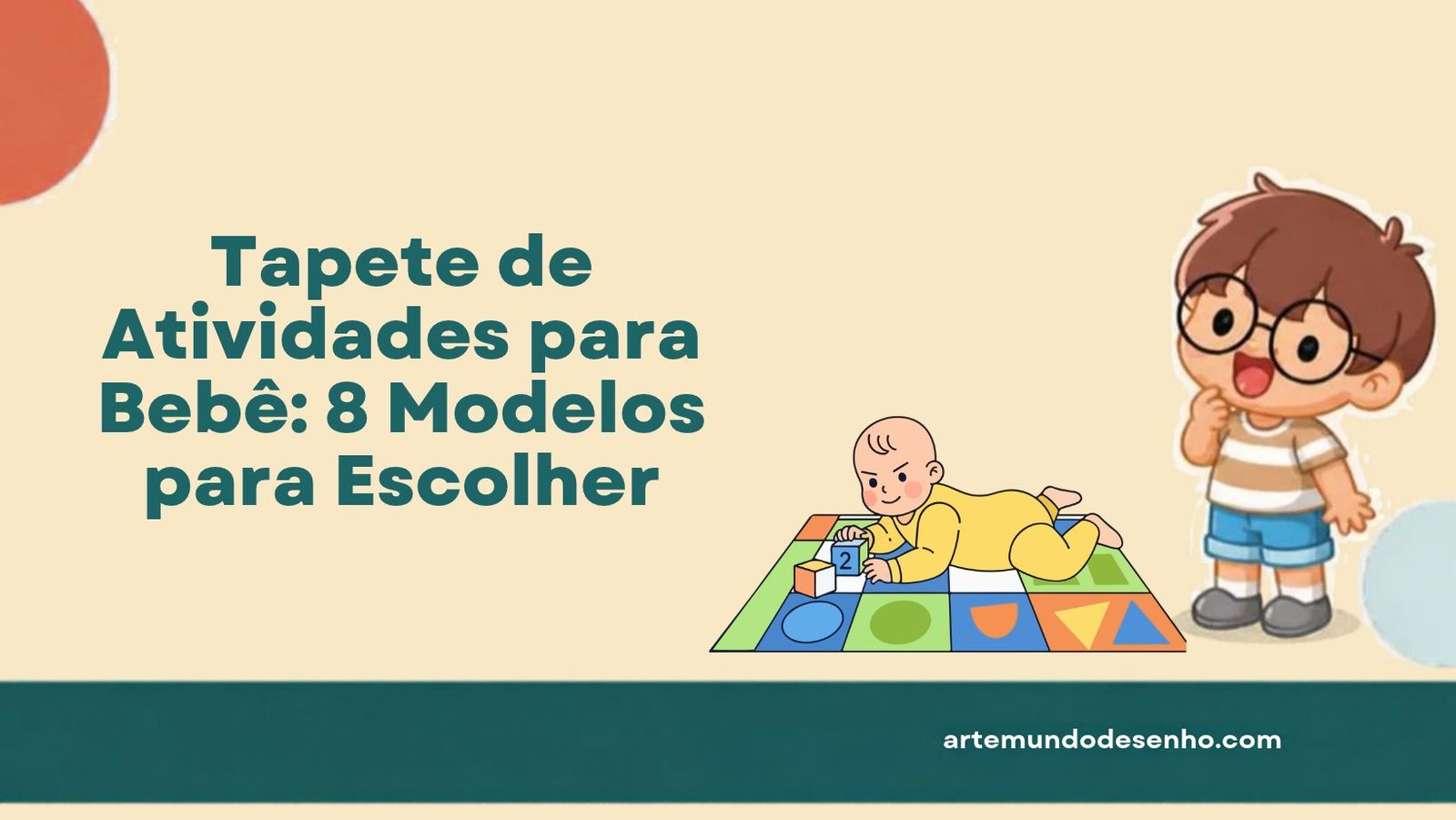 Ilustração do Pepê ao lado de um bebê de bruços brincando em um tapete de atividades colorido, com blocos e formas