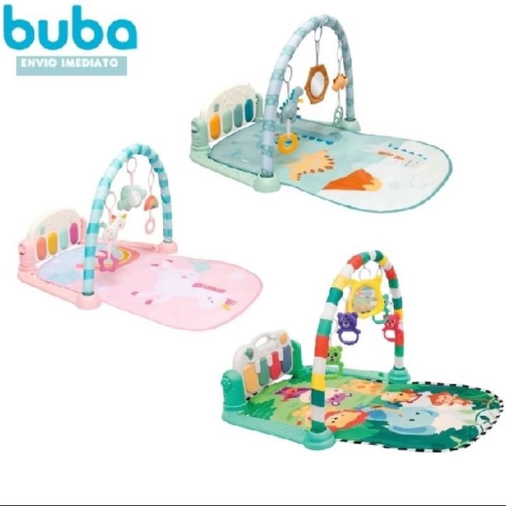 Tapete de atividades para bebê com piano, Ginásio Bebê Buba, em estampas de dino e safari