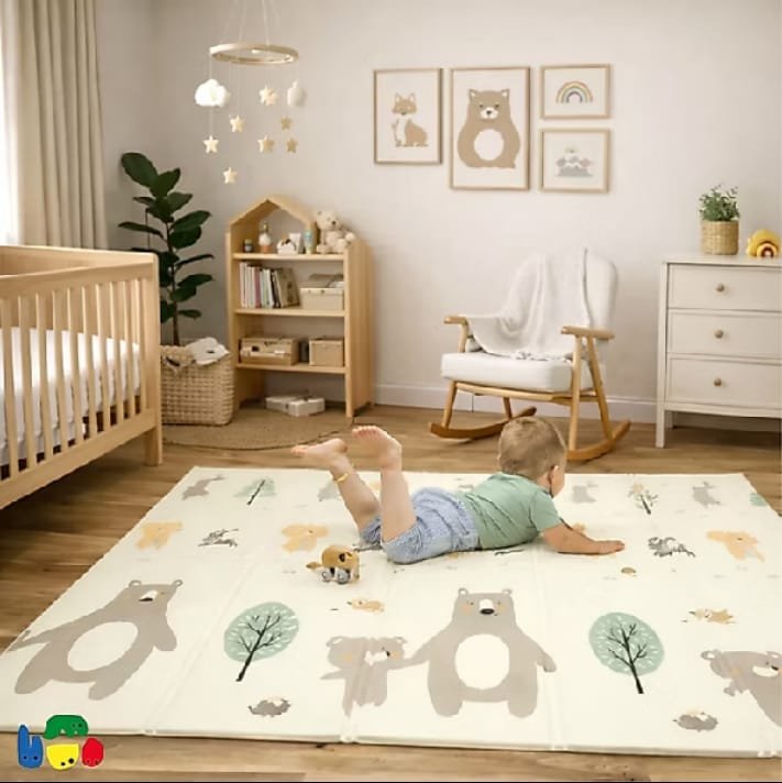 Tapete tatame infantil dobrável dupla face com estampa de urso e elefante, em tons neutros